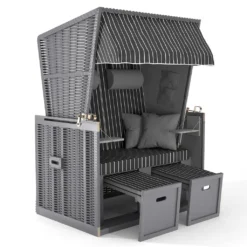 Sanzaro Strandkorb XL120 Cm Deluxe Zweisitzer Holz Und Poly-Rattan Volllieger 4x Kissen Klappbare Rückenlehne 2 Personen Anthrazit-Weiss Nadelstreifen