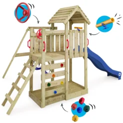WICKEY Spielturm Klettergerüst MultiFlyer Holzdach Mit Schaukel & Rutsche, Kletterturm Mit Holzdach, Sandkasten, Leiter & Spiel-Zubehör - Blau -Grünwelt Exporteren Garten-Winkel 8edc6f6e6d3013dd1435ae71c64d02ca
