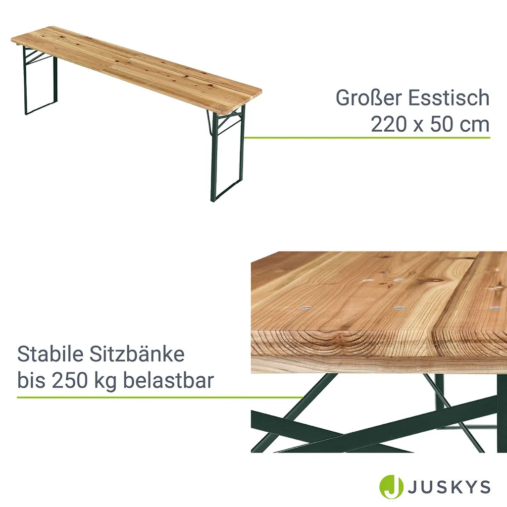 Juskys Bierzeltgarnitur 3-teilig Biertischgarnitur Mittig Klappbar 220 Cm - Gartenmöbel Set Aus Tannenholz Biertisch Bierbänke Festzeltgarnitur Natur 5 Juskys Bierzeltgarnitur 3-teilig Biertischgarnitur Mittig Klappbar 220 Cm - Gartenmöbel Set Aus Tannenholz Biertisch Bierbänke Festzeltgarnitur Natur – Bild 5