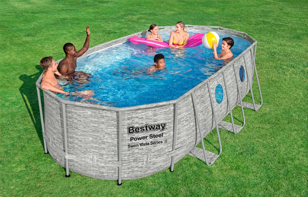 Bestway® Power Steel™ Swim Vista Series™ Frame Pool Komplett-Set Mit Filterpumpe 549 X 274 X 122 Cm, Steinwand-Optik (Cremegrau), Oval 2 Bestway® Power Steel™ Swim Vista Series™ Frame Pool Komplett-Set Mit Filterpumpe 549 X 274 X 122 Cm, Steinwand-Optik (Cremegrau), Oval – Bild 2