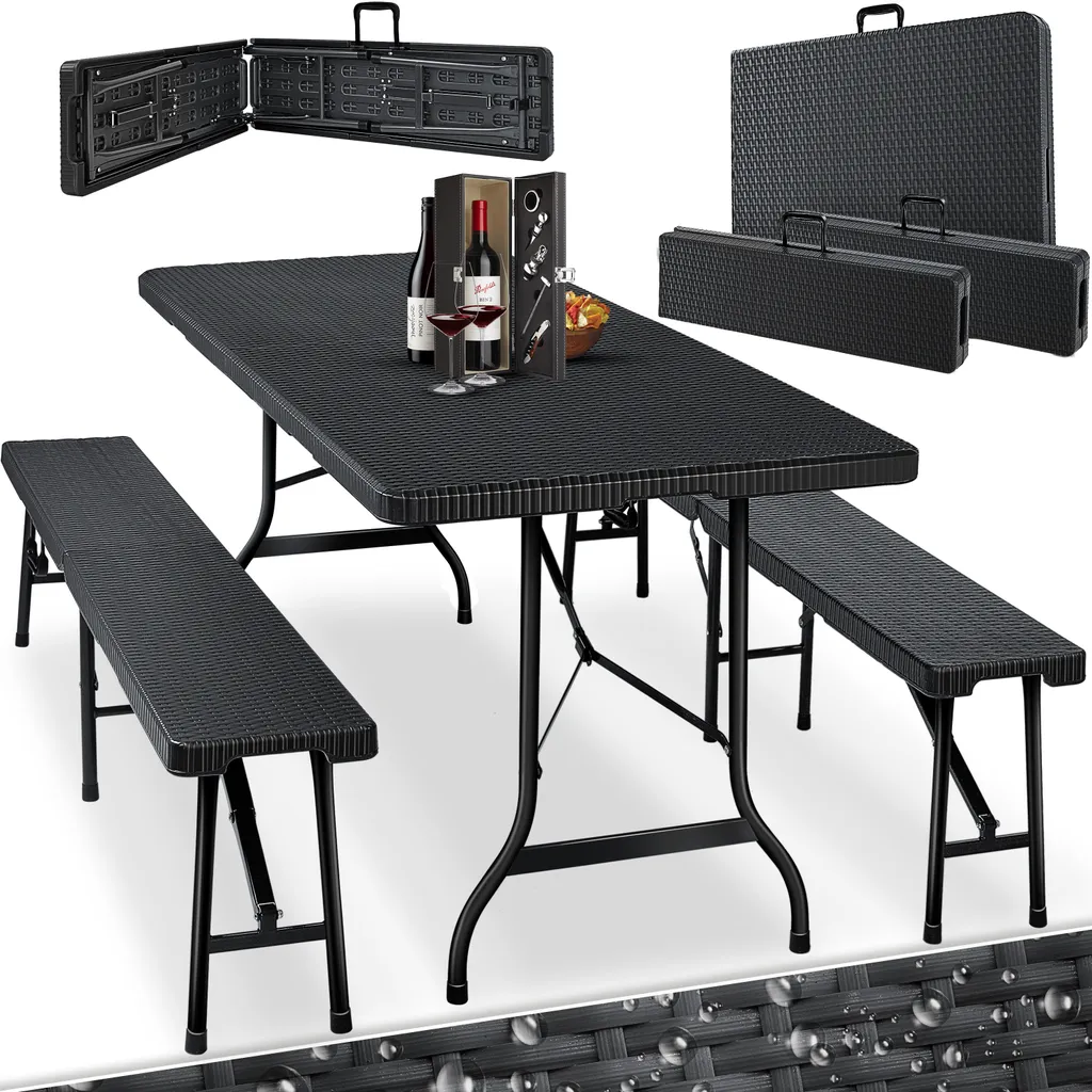 KESSER® Bierzeltgarnitur - 3-teilig Set, Tisch + 2 X Bank, Für Drinnen - Draußen, Klappbar, Tragegriffe, HxBxT: 73x180x75 Cm , Kunststoff, Rattan-Look Gartengarnitur , Klapptisch , Gartentisch, Farbe:Schwarz 2 KESSER® Bierzeltgarnitur - 3-teilig Set, Tisch + 2 X Bank, Für Drinnen - Draußen, Klappbar, Tragegriffe, HxBxT: 73x180x75 Cm , Kunststoff, Rattan-Look Gartengarnitur , Klapptisch , Gartentisch, Farbe:Schwarz – Bild 2