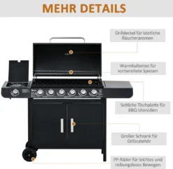 Outsunny Gasgrill BBQ Grillwagen Mit 6 Brennern 1 Seitenbrenner Schrank Multifunktion Metall Schwarz 135 X 50 X 100 Cm -Grünwelt Exporteren Garten-Winkel 9471b232ea8e904585cc9b3c2df526ed