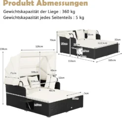 COSTWAY Rattan Sonnenliege Mit Einziehbarem Baldachin, 2-Personen Gartenliege Mit Klappbaren Tablett & Sitzkissen & Rückenkissen, Gartenlounge Terrassenmöbel Für Garten, Hinterhof -Grünwelt Exporteren Garten-Winkel 948f41a02fb4bcb0bc1886dc34feda8c