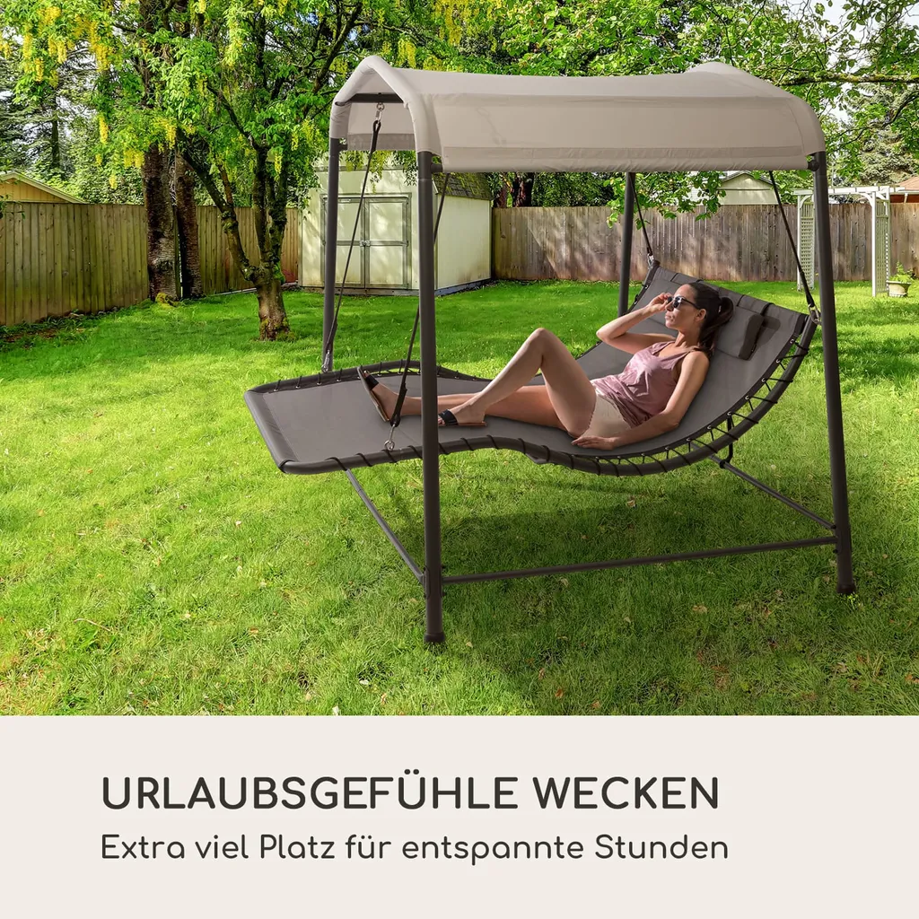 Blumfeldt Palermo - Doppel-Schaukel-Liege, Gartenliege, Stahlrahmen, Sonnendach: 200 X 144 Cm (BxT), Liegefläche: 130 X 207 Cm (BxT), Einfacher Aufbau, 2 Höhenverstellbare Kopfkissen, Grau 2 Blumfeldt Palermo - Doppel-Schaukel-Liege, Gartenliege, Stahlrahmen, Sonnendach: 200 X 144 Cm (BxT), Liegefläche: 130 X 207 Cm (BxT), Einfacher Aufbau, 2 Höhenverstellbare Kopfkissen, Grau – Bild 2