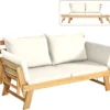 COSTWAY Liegesofa Mit Klappbaren Seitenlehnen, Sonnenliege Sitzbank Akazienholz Mit Auflage, Gartenbank Für Garten Terrasse Innenbereich (Weiß)