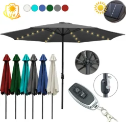 Wolketon 3m-3.5m Sonnenschirm Mit LED Solar Marktschirm Mit Handkurbel UV40+ Outdoor-Schirm Terrassen,Grau,3.5m