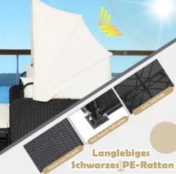 COSTWAY Rattan Sonnenliege Mit Einziehbarem Baldachin, 2-Personen Gartenliege Mit Klappbaren Tablett & Sitzkissen & Rückenkissen, Gartenlounge Terrassenmöbel Für Garten, Hinterhof -Grünwelt Exporteren Garten-Winkel 95d988255c0713d8f5e23656f7f98e9f