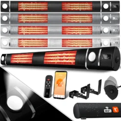 KESSER® Infrarot Heizstrahler 3000W IR-Gastro-Bar Inkl. LED Licht Terrassenstrahler Mit WiFi & Fernbedienung Inkl. Schutzhülle Infrarotstrahler Quarzstrahler Terrassenheizer Wand-Heizstrahler, Farbe:Schwarz