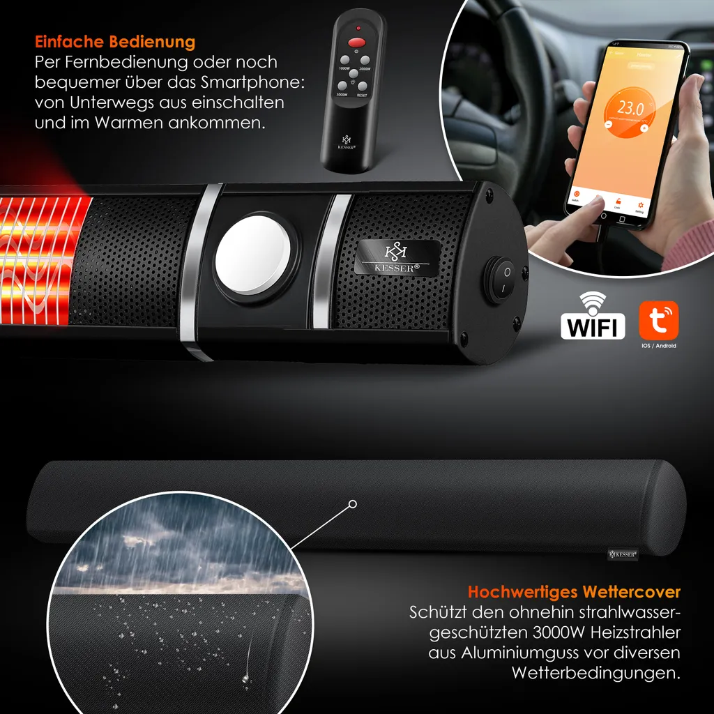 KESSER® Infrarot Heizstrahler 3000W IR-Gastro-Bar Inkl. LED Licht Terrassenstrahler Mit WiFi & Fernbedienung Inkl. Schutzhülle Infrarotstrahler Quarzstrahler Terrassenheizer Wand-Heizstrahler, Farbe:Schwarz 10 KESSER® Infrarot Heizstrahler 3000W IR-Gastro-Bar Inkl. LED Licht Terrassenstrahler Mit WiFi & Fernbedienung Inkl. Schutzhülle Infrarotstrahler Quarzstrahler Terrassenheizer Wand-Heizstrahler, Farbe:Schwarz – Bild 10