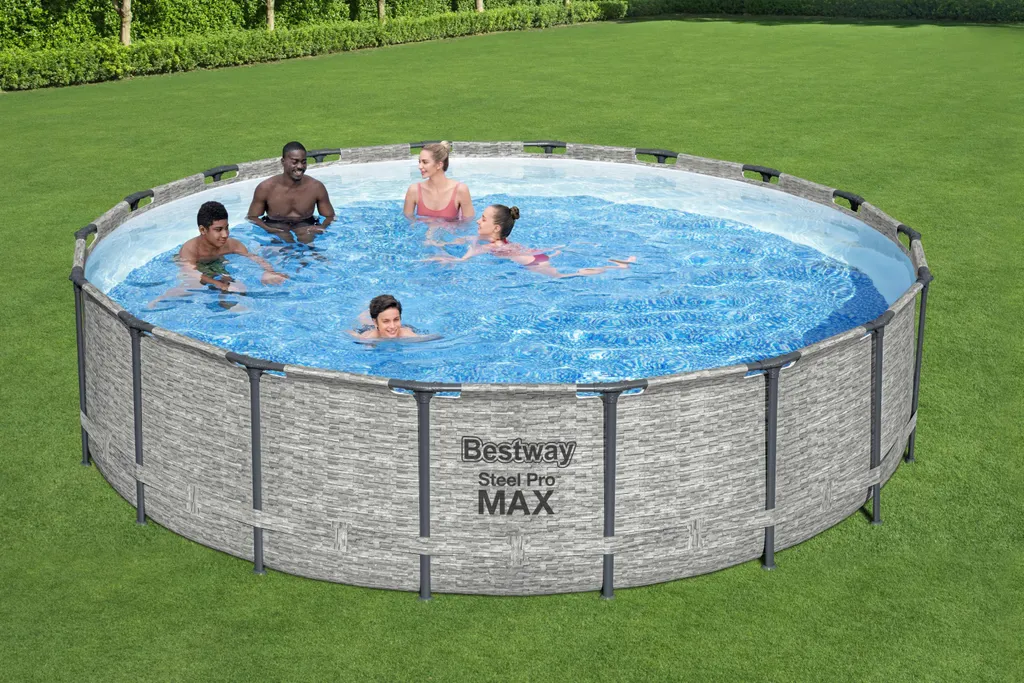 Bestway® Steel Pro MAX™ Aufstellpool Komplett-Set Mit Filterpumpe Ø 549 X 122 Cm, Steinwand-Optik (Cremegrau), Rund 2 Bestway® Steel Pro MAX™ Aufstellpool Komplett-Set Mit Filterpumpe Ø 549 X 122 Cm, Steinwand-Optik (Cremegrau), Rund – Bild 2