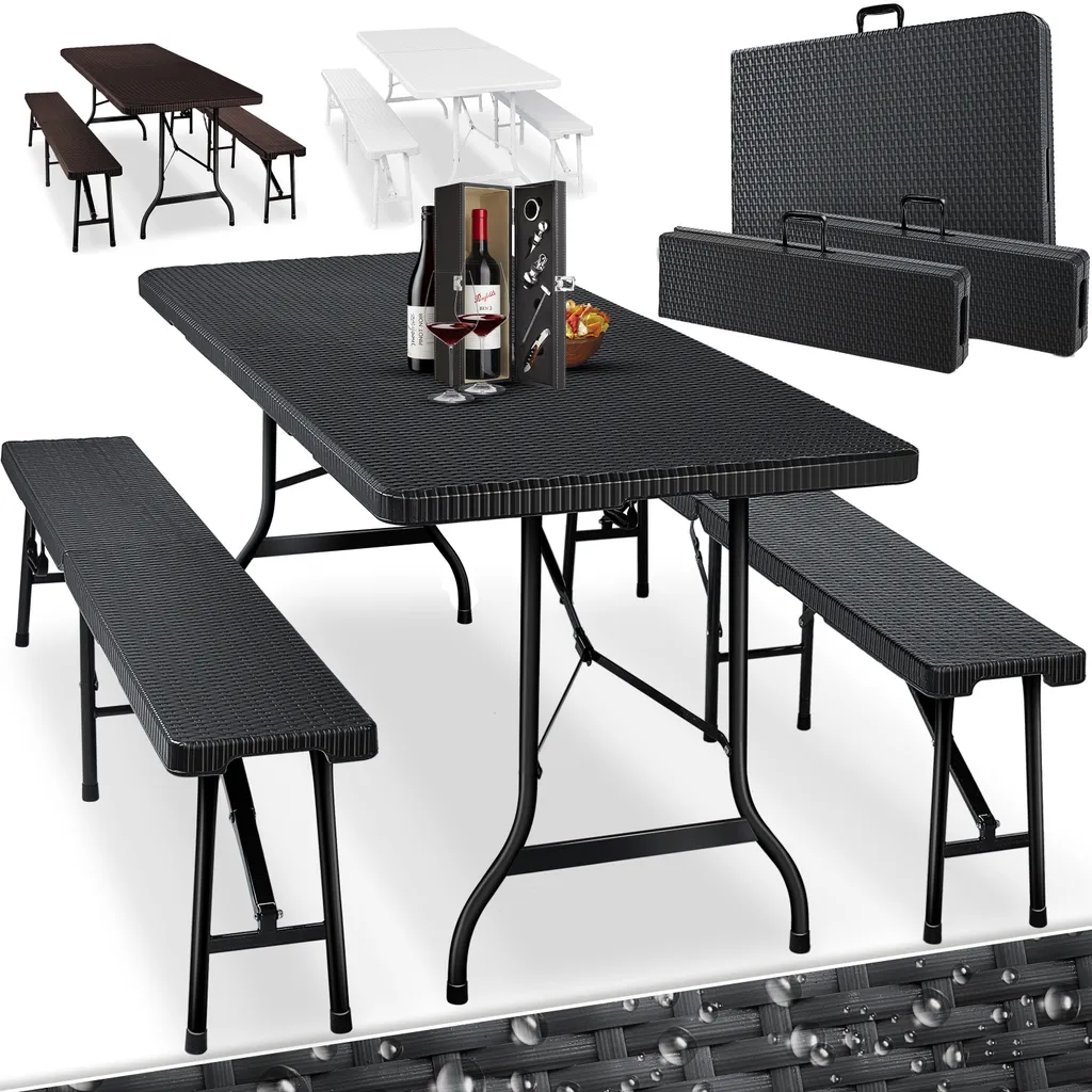 KESSER® Bierzeltgarnitur - 3-teilig Set, Tisch + 2 X Bank, Für Drinnen - Draußen, Klappbar, Tragegriffe, HxBxT: 73x180x75 Cm , Kunststoff, Rattan-Look Gartengarnitur , Klapptisch , Gartentisch, Farbe:Schwarz 1 KESSER® Bierzeltgarnitur - 3-teilig Set, Tisch + 2 X Bank, Für Drinnen - Draußen, Klappbar, Tragegriffe, HxBxT: 73x180x75 Cm , Kunststoff, Rattan-Look Gartengarnitur , Klapptisch , Gartentisch, Farbe:Schwarz