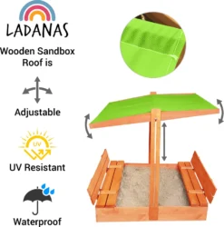 Ladanas® Sandkasten Holz- 140 X 140- Mit Faltbaren Bänken XXL& Verstellbarem Dach- UV50- Sandkiste Kinder & Imprägniert & Sonnendach (grün) -Grünwelt Exporteren Garten-Winkel 9aa8705a43d914bd17d9ad6f989d9692