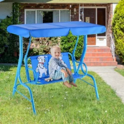 COSTWAY 2-Sitzer Kinder Hollywoodschaukel Mit Sonnendach Kinderschaukel Gartenschaukel Gartenliege Schaukelbank Gartenbank Blau