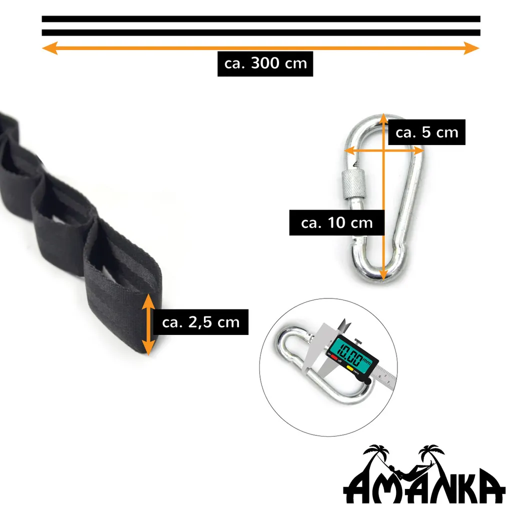 300kg Hängematten Befestigung 2 Gurte 280x2,5cm Baum Gurt Set Aufhängung Schwarz 8 300kg Hängematten Befestigung 2 Gurte 280x2,5cm Baum Gurt Set Aufhängung Schwarz – Bild 8