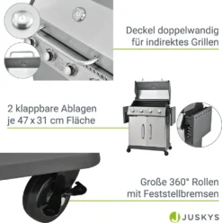 Juskys Gasgrill Kansas Mit 4 Brenner 12 KW, BBQ Grill Mit Gusseisen-Grillrost, Warmhalterost & Thermometer, XL Grillwagen 2 Seitenablagen & 4 Räder 22 Juskys Gasgrill Kansas Mit 4 Brenner 12 KW, BBQ Grill Mit Gusseisen-Grillrost, Warmhalterost & Thermometer, XL Grillwagen 2 Seitenablagen & 4 Räder -Grünwelt Exporteren Garten-Winkel 9f7434bcbf5869c7caa5bcc29428e777