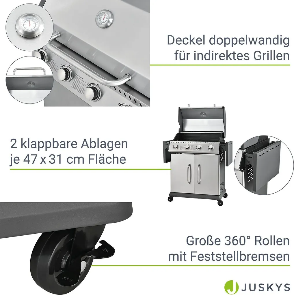 Juskys Gasgrill Kansas Mit 4 Brenner 12 KW, BBQ Grill Mit Gusseisen-Grillrost, Warmhalterost & Thermometer, XL Grillwagen 2 Seitenablagen & 4 Räder 5 Juskys Gasgrill Kansas Mit 4 Brenner 12 KW, BBQ Grill Mit Gusseisen-Grillrost, Warmhalterost & Thermometer, XL Grillwagen 2 Seitenablagen & 4 Räder – Bild 5
