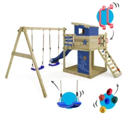 WICKEY Spielturm Klettergerüst Smart Camp Mit Schaukel & Rutsche, Baumhaus Mit Sandkasten, Kletterleiter & Spiel-Zubehör - Blau -Grünwelt Exporteren Garten-Winkel a3782efa8d27cb47cd94ee435d397ce0
