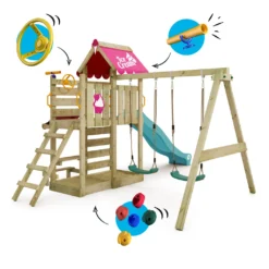 WICKEY Spielturm Klettergerüst VanillaFlyer Mit Schaukel & Rutsche, Kletterturm Mit Sandkasten, Leiter & Spiel-Zubehör - Türkis -Grünwelt Exporteren Garten-Winkel a484ea91c93260dc9e89c69c84b7f055