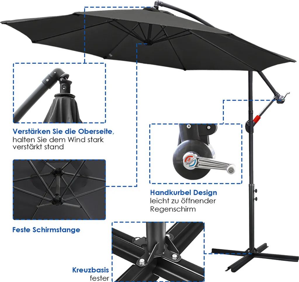 EINFEBEN 3.5m Sonnenschirm Gartenschirm Ampelschirm Marktschirm Kurbelschirm Alu,Grau,3.5m 3 EINFEBEN 3.5m Sonnenschirm Gartenschirm Ampelschirm Marktschirm Kurbelschirm Alu,Grau,3.5m – Bild 3