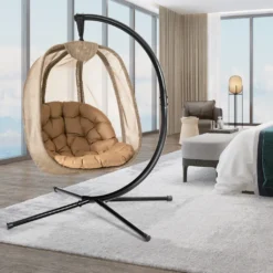 COSTWAY Hängesessel Mit Gestell & Sitzkissen, Hängestuhlgestell Mit Hängestuhl, Hängekorb Gestell Aus Stahl Bis 110kg Belastbar, Hängesesselgestell Für Terrasse Balkon, X-förmige Basis