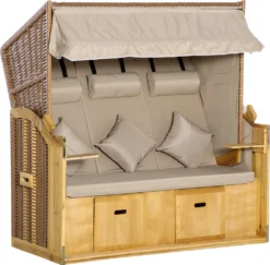 Outsunny Strandkorb 3-Sitzer Sonnenliege Mit Dach 2 Klapptischen Fußstütze Chaiselongue 5-stufige Rückenlehne XXL Polyrattan Natur 150 X 79 X 160 Cm