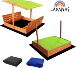 Ladanas® Sandkasten Holz- 140 X 140- Mit Faltbaren Bänken XXL& Verstellbarem Dach- UV50- Sandkiste Kinder & Imprägniert & Sonnendach (grün)