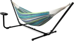 VITA5 Hängematte Mit Gestell Outdoor - Hängematte 2 Personen Für Garten & Balkon - Doppelhängematte Mit Getränkehalter- Tragbare Hängematte 200kg Belastbarkeit (Grün/Blau Cupholder)