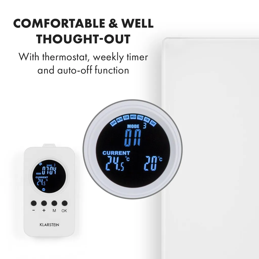 Klarstein Crystal Wall Infrarotheizung Elektroheizung Heizstrahler , 100 X 60 Cm , 600 Watt , Wandinstallation , Automatische Abschaltfunktion , Gehärtetes Sicherheitsglas , Thermostat , Wochentimer , Schutzart: IP54 , Weiß 4 Klarstein Crystal Wall Infrarotheizung Elektroheizung Heizstrahler , 100 X 60 Cm , 600 Watt , Wandinstallation , Automatische Abschaltfunktion , Gehärtetes Sicherheitsglas , Thermostat , Wochentimer , Schutzart: IP54 , Weiß – Bild 4