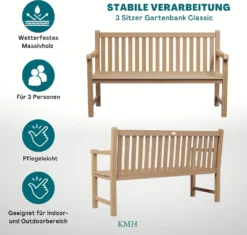 KMH®TEAK Gartenbank 3-Sitzer *Classic* B 150 X H 92,5 X T 52 Cm, Teakholz -Grünwelt Exporteren Garten-Winkel a88800ae53e94e11ce209d08859db25a