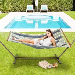 VITA5 Hängematte Outdoor - Hängematte Mit Gestell Für Den Garten, Pool & Balkon - Großzügige Hängematte 2 Personen - Doppelhängematte Mit Ständer - 200kg Belastbarkeit (Dunkergrün/Blau) -Grünwelt Exporteren Garten-Winkel a947f6b236f3725f57cc5219f1b94878