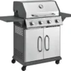 Juskys Gasgrill Kansas Mit 4 Brenner 12 KW, BBQ Grill Mit Gusseisen-Grillrost, Warmhalterost & Thermometer, XL Grillwagen 2 Seitenablagen & 4 Räder