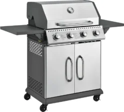 Juskys Gasgrill Kansas Mit 4 Brenner 12 KW, BBQ Grill Mit Gusseisen-Grillrost, Warmhalterost & Thermometer, XL Grillwagen 2 Seitenablagen & 4 Räder