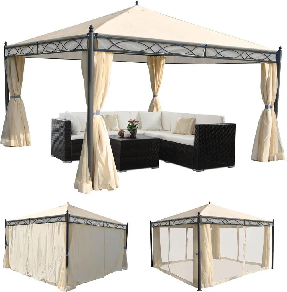 Pergola Calpe, Garten Pavillon, Stabiles 7cm-Gestell Mit Seitenwand + Moskitonetz Creme 4x4m 1 Pergola Calpe, Garten Pavillon, Stabiles 7cm-Gestell Mit Seitenwand + Moskitonetz Creme 4x4m