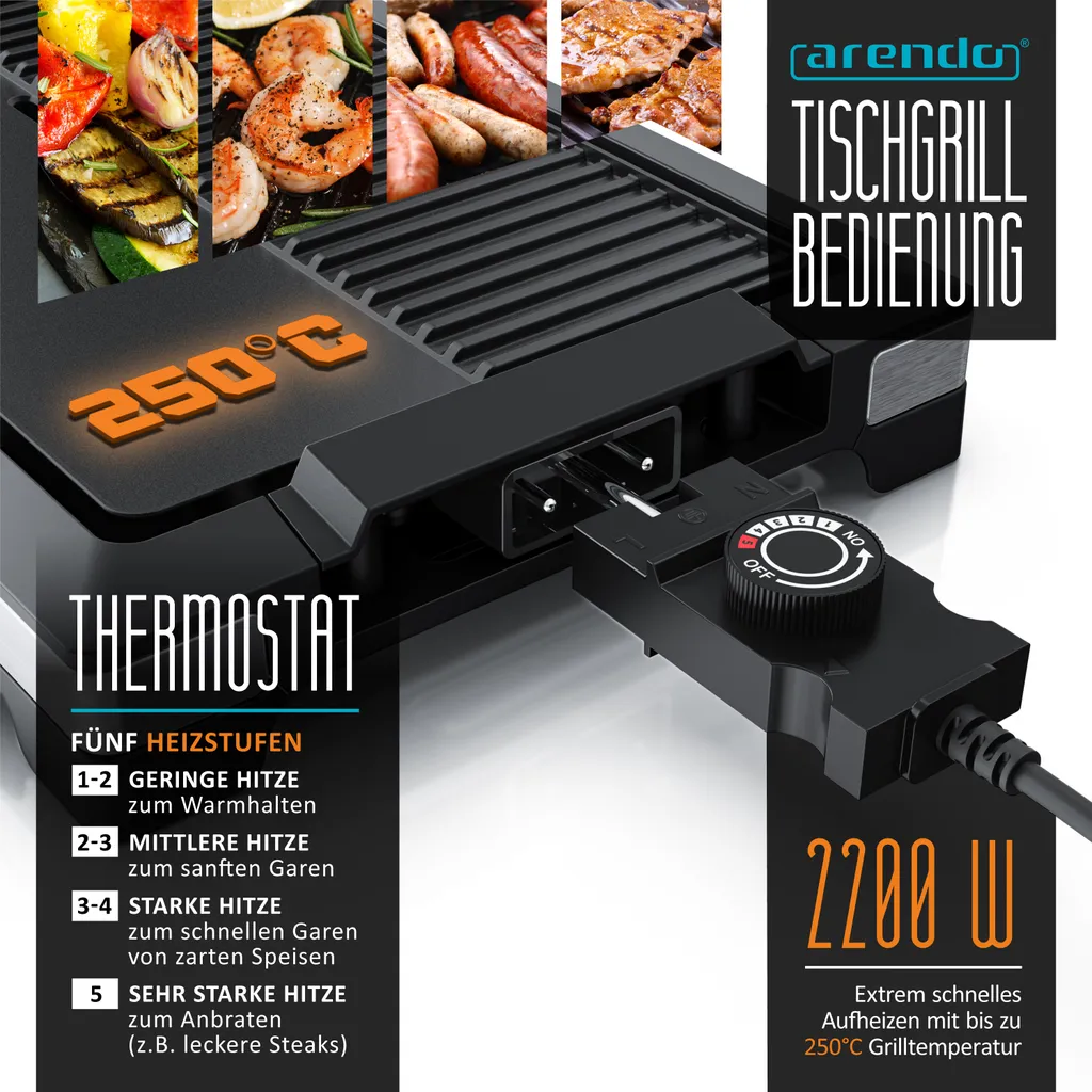 Arendo Tischgrill Elektrisch – XXL Elektrogrill Party Grill - Abnehmbare Platte - Fettauffangschale – Für BBQ, Steaks, Würstchen, Fisch, Gemüse Etc. – Indoor Und Outdoor - BPA-frei 4 Arendo Tischgrill Elektrisch – XXL Elektrogrill Party Grill - Abnehmbare Platte - Fettauffangschale – Für BBQ, Steaks, Würstchen, Fisch, Gemüse Etc. – Indoor Und Outdoor - BPA-frei – Bild 4