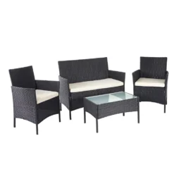 Poly-Rattan Garten-Garnitur HWC-D82, Sitzgruppe Lounge-Set Schwarz Mit Kissen Creme
