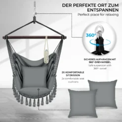 Tillvex Hängesessel Grau 2 Kissen Zum Aufhängen | Hängestuhl Mit Getränkehalter & Bücherfach | Hängesitz Wetterfest - Indoor & Outdoor | Hängekorb Mit Tragetasche Für Erwachsene & Kinder -Grünwelt Exporteren Garten-Winkel aecd183ff30c0c79413eeabe2d07b875