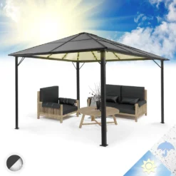 Blumfeldt Pantheon Cortina Pavillon Wasserdicht, Stabil & Winterfest, Terrassenüberdachung Sturmfest, Gartenpavillon Mit Durchsichtigem Festem Dach, Metall-Pergola Mit Hardtop, Pavillon 3x4 M, Schwarz