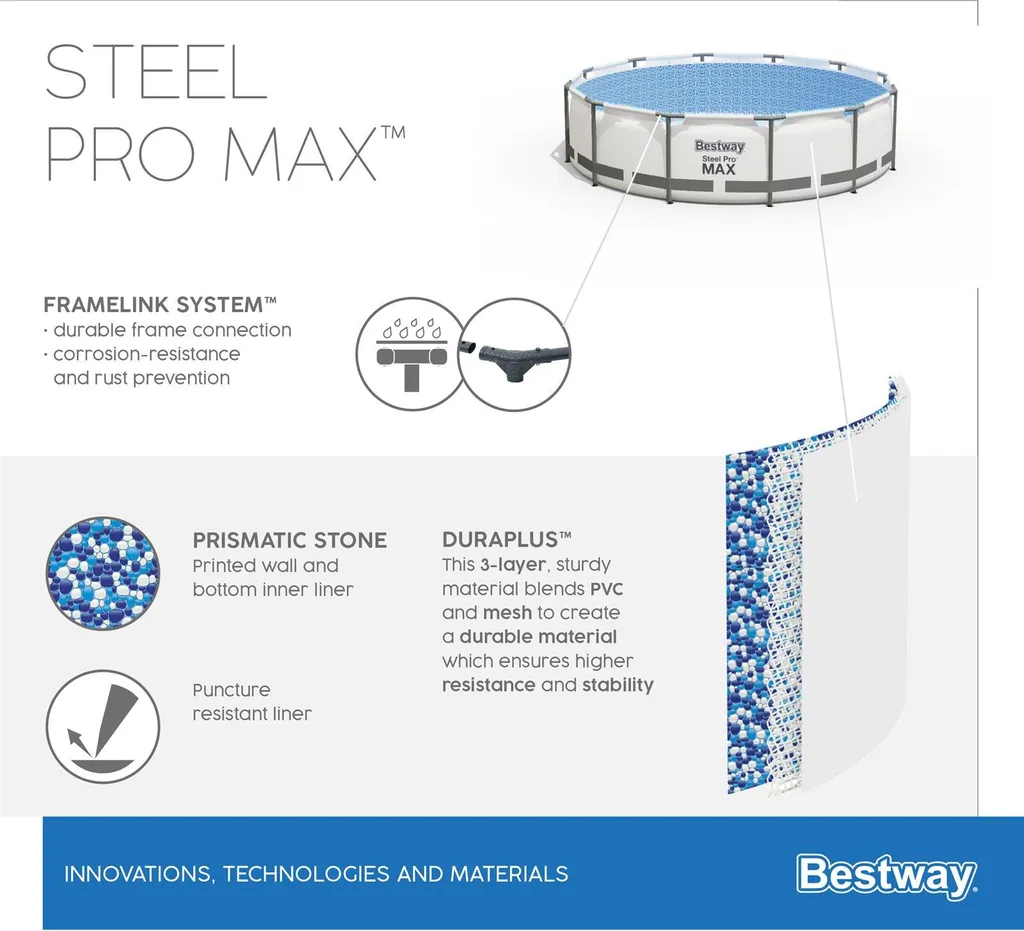 Bestway® Steel Pro MAX™ Frame Pool Ohne Pumpe Ø 305 X 76 Cm, Lichtgrau, Rund 9 Bestway® Steel Pro MAX™ Frame Pool Ohne Pumpe Ø 305 X 76 Cm, Lichtgrau, Rund – Bild 9