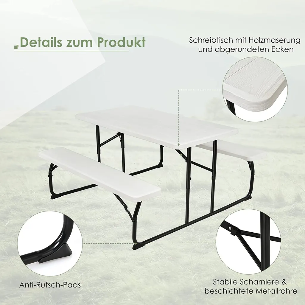 COSTWAY Klappbarer Picknicktisch Mit Bänken, 136 Cm Campingtisch-Set Für Draußen, Bierzeltgarnitur Biertischgarnitur Für Terrasse, Garten (Weiß) 3 COSTWAY Klappbarer Picknicktisch Mit Bänken, 136 Cm Campingtisch-Set Für Draußen, Bierzeltgarnitur Biertischgarnitur Für Terrasse, Garten (Weiß) – Bild 3