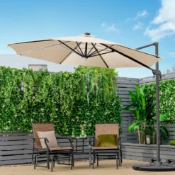 COSTWAY Ø300cm LED Ampelschirm Sonnenschirm, Gartenschirm Mit 28 Solarlichtern & Nabenleuchte, Strandschirm Terrassenschirm Neigbar, Beleuchteter Schirm Für Cafés, Pools, Gärten