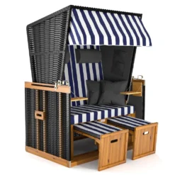 Sanzaro Strandkorb XL120 Cm Deluxe Zweisitzer Holz Und Poly-Rattan Volllieger 4 X Kissen Klappbare Rückenlehne 2 Personen Blau-Weiss Blockstreifen