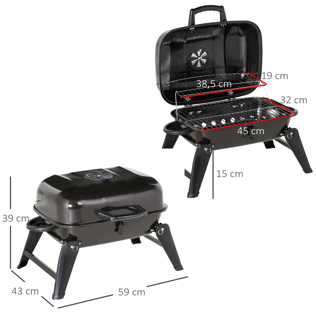 Outsunny Klappgrill Kohlegrill Standgrill Tragbar Tischgrill Garten BBQ Metall Schwarz 59 X 43 X 39 Cm 3 Outsunny Klappgrill Kohlegrill Standgrill Tragbar Tischgrill Garten BBQ Metall Schwarz 59 X 43 X 39 Cm – Bild 3