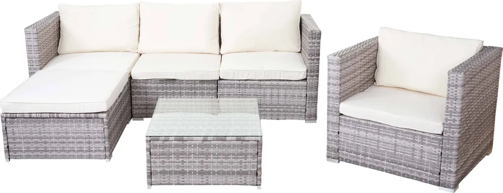 Poly-Rattan-Garnitur Busto, Gartengarnitur Sitzgruppe Sofa Lounge-Set Grau, Kissen Creme 1 Poly-Rattan-Garnitur Busto, Gartengarnitur Sitzgruppe Sofa Lounge-Set Grau, Kissen Creme