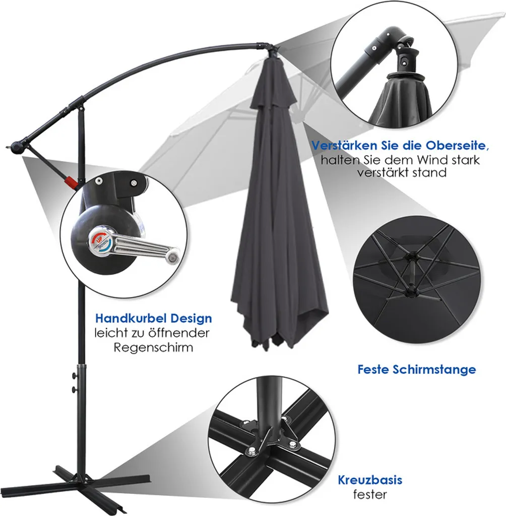 EINFEBEN 3.5m Sonnenschirm Gartenschirm Ampelschirm Marktschirm Kurbelschirm Alu,Grau,3.5m 4 EINFEBEN 3.5m Sonnenschirm Gartenschirm Ampelschirm Marktschirm Kurbelschirm Alu,Grau,3.5m – Bild 4