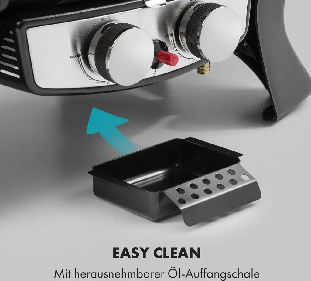 Klarstein Parforce Duo Gasgrill BBQ-Gasgrill Mit 4,4kW - 2 Brenner, Bis 300 °C, Gastyp: Butan/Propan, Edelstahl, 15000 BTU, Elektrische Zündung, 50 X 39 Cm Große Grillfläche, Deckel, Schwarz 10 Klarstein Parforce Duo Gasgrill BBQ-Gasgrill Mit 4,4kW - 2 Brenner, Bis 300 °C, Gastyp: Butan/Propan, Edelstahl, 15000 BTU, Elektrische Zündung, 50 X 39 Cm Große Grillfläche, Deckel, Schwarz – Bild 10