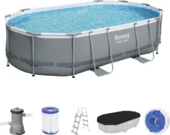 Bestway Power Steel™ Frame Pool Komplett-Set, Oval, Mit Filterpumpe, Sicherheitsleiter & Abdeckplane 488 X 305 X 107 Cm, Schwimmbecken, Schwimmen, Pools