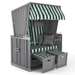 Sanzaro Strandkorb XL120 Cm Deluxe Zweisitzer Holz Und Poly-Rattan Volllieger 4 X Kissen Klappbare Rückenlehne 2 Personen Grün-Weiss Blockstreifen