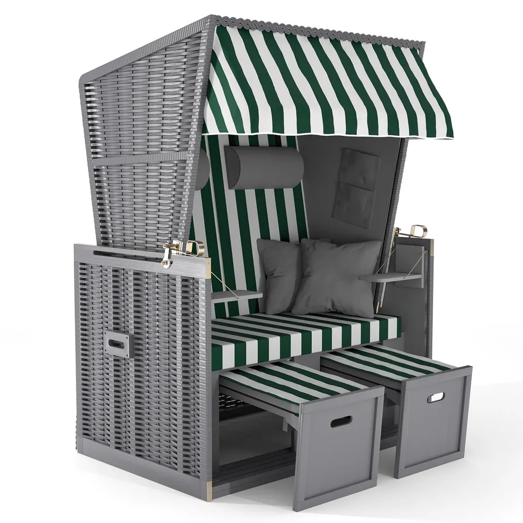 Sanzaro Strandkorb XL120 Cm Deluxe Zweisitzer Holz Und Poly-Rattan Volllieger 4 X Kissen Klappbare Rückenlehne 2 Personen Grün-Weiss Blockstreifen 1 Sanzaro Strandkorb XL120 Cm Deluxe Zweisitzer Holz Und Poly-Rattan Volllieger 4 X Kissen Klappbare Rückenlehne 2 Personen Grün-Weiss Blockstreifen