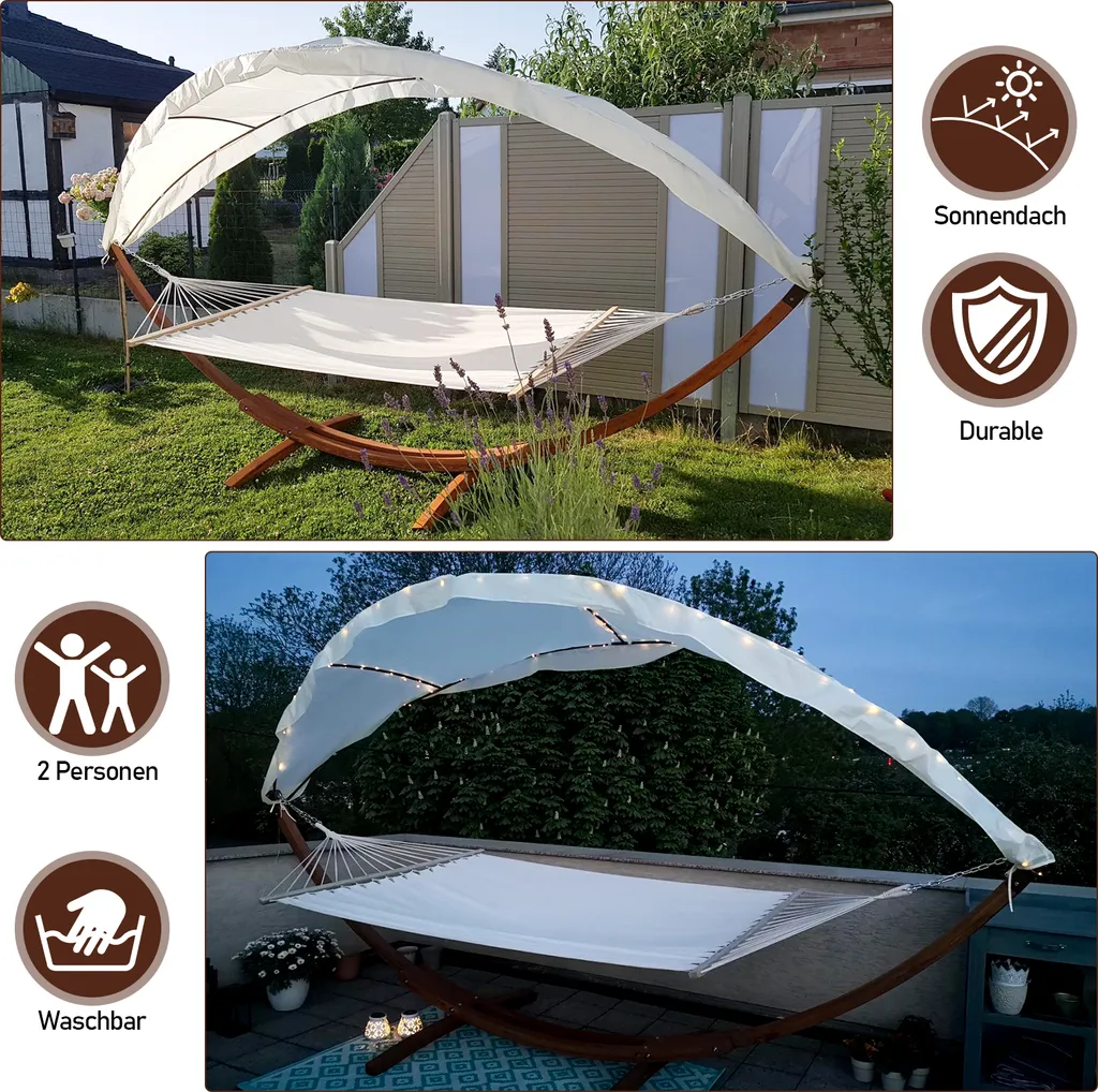 Clanmacy Haengematte Mit Gestell Und Sonnendach, Hammock Aus Wetterfestem Laerchenholz, Bis 200kg, Stabhaengematte Fuer 2 Personen Outdoor Und Indoor 2 Clanmacy Haengematte Mit Gestell Und Sonnendach, Hammock Aus Wetterfestem Laerchenholz, Bis 200kg, Stabhaengematte Fuer 2 Personen Outdoor Und Indoor – Bild 2