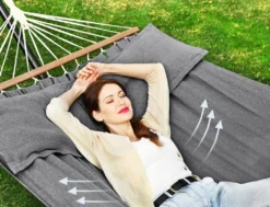 SONGMICS Hängematte, 210 X 150 Cm, Mit 2 Kissen, Bis Zu 300 Kg Belastbar, Mit 2 Holzstangen, Outdoor, Grau GDC022G01 16 SONGMICS Hängematte, 210 X 150 Cm, Mit 2 Kissen, Bis Zu 300 Kg Belastbar, Mit 2 Holzstangen, Outdoor, Grau GDC022G01 -Grünwelt Exporteren Garten-Winkel b85f4378b2366ae41cd917e5d3230502